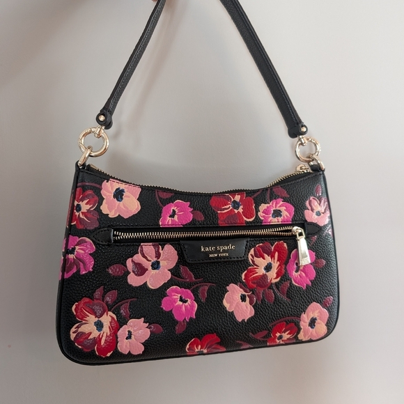Kate Spade Pebbled Leather Black, Pink & Red Floral Shoulder Bag Poppy Flowers - Picture 1 of 10